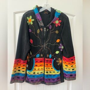 Size XL- hooded jacket with multicolored patchwork design, razor cut details